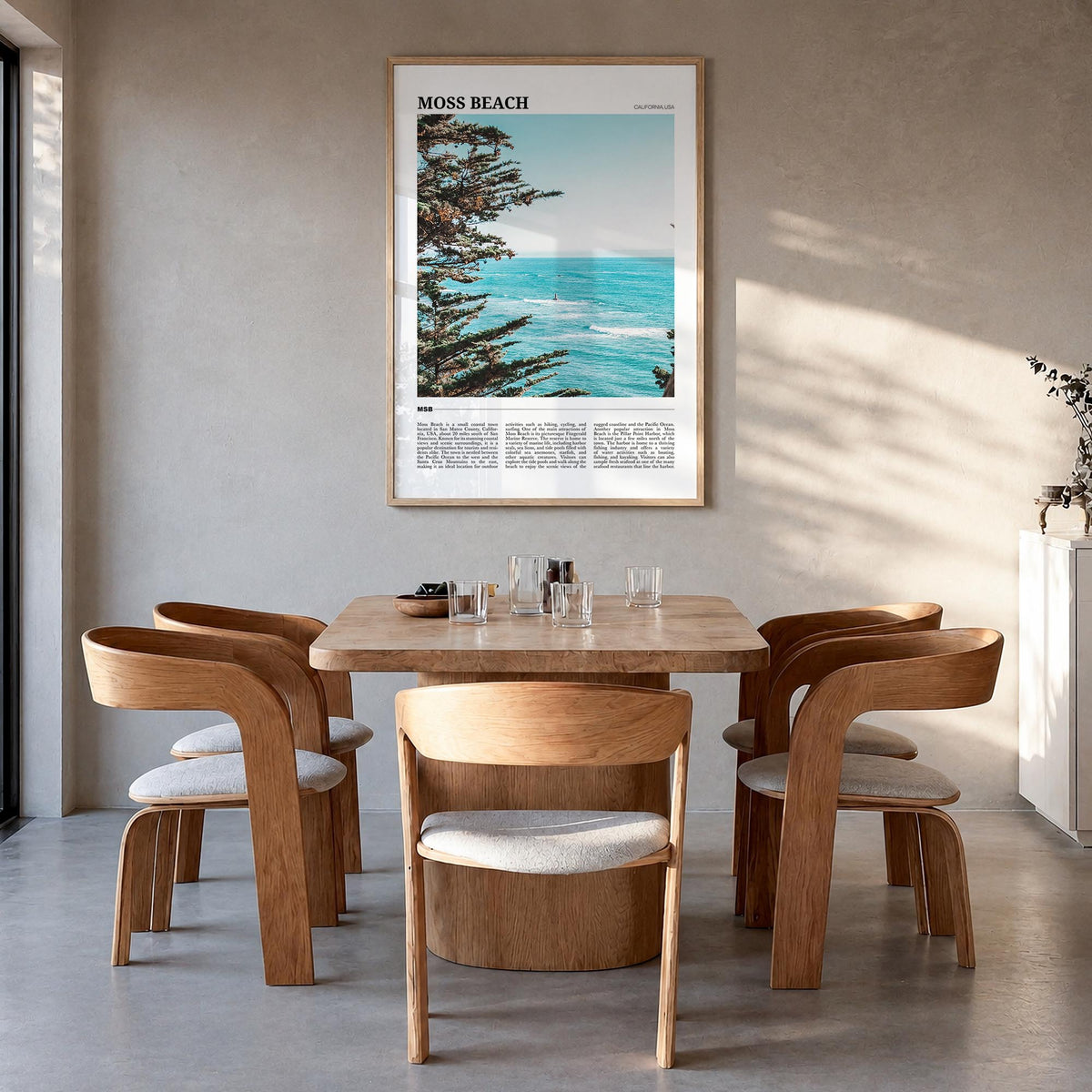 Moss Beach colorful travel poster of California, USA – vertical wall art in natural wood frame, hanging on wall
