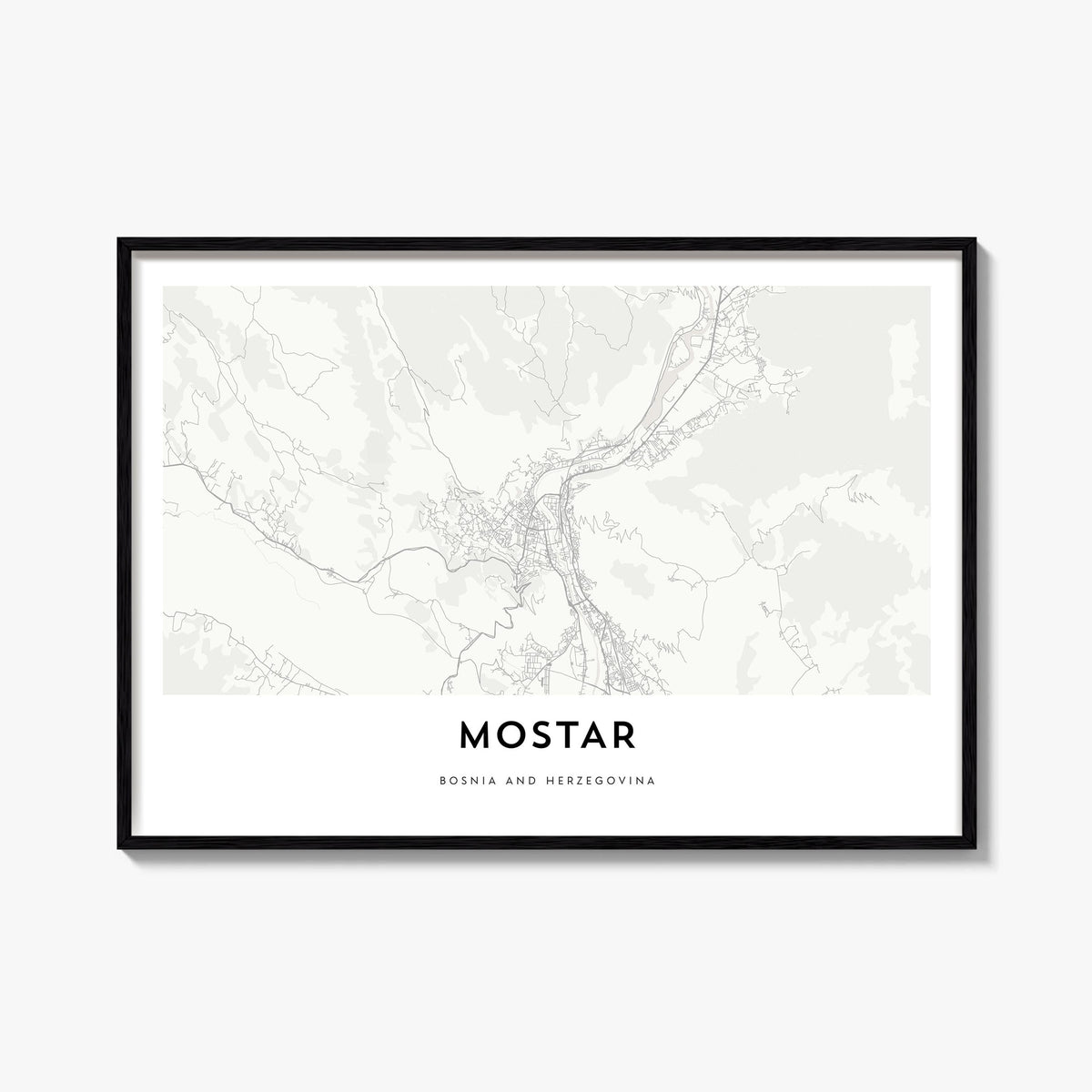 Mostar black & white map poster of Bosnia and Herzegovina – horizontal wall art, unframed print shown in interior mockup