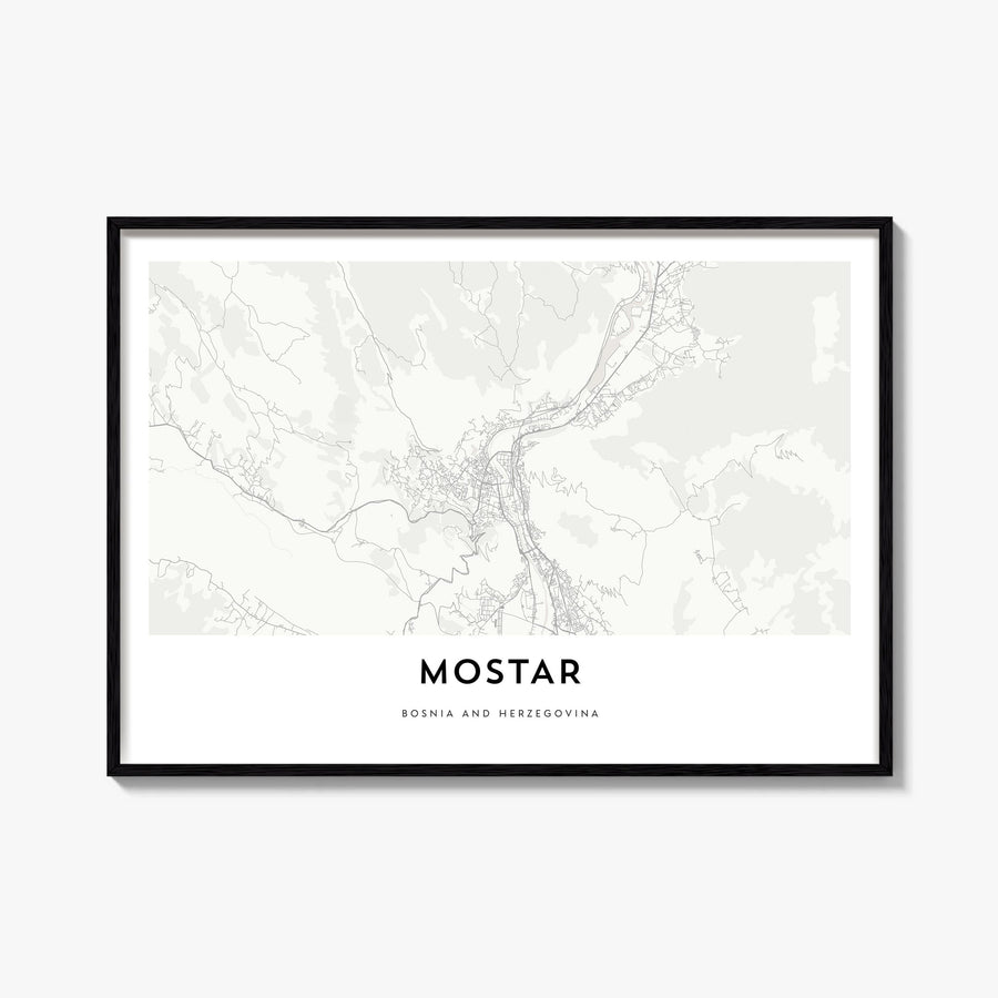 Mostar black & white map poster of Bosnia and Herzegovina – horizontal wall art, unframed print shown in interior mockup