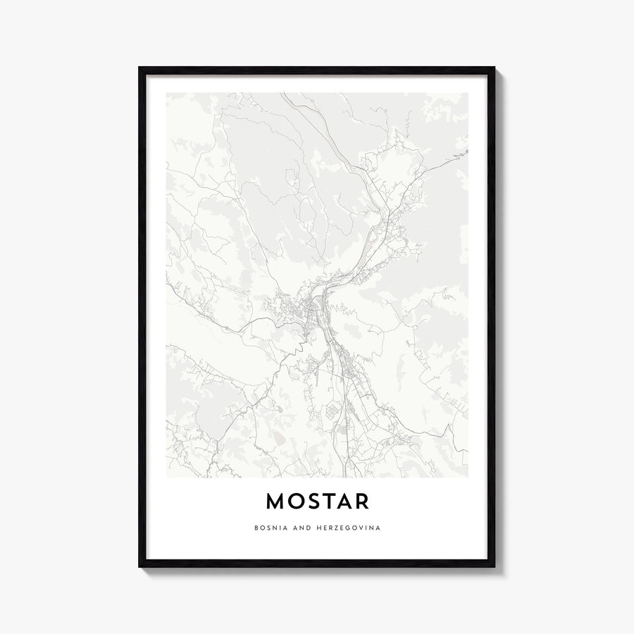 Mostar black & white map poster of Bosnia and Herzegovina – vertical wall art, unframed print shown in interior mockup