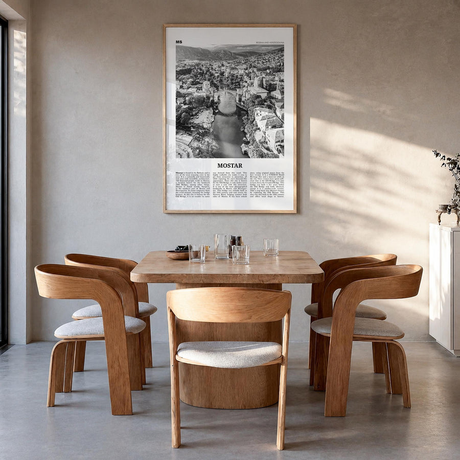 Mostar black & white newspaper poster of Bosnia and Herzegovina – vertical wall art in natural wood frame, hanging on wall