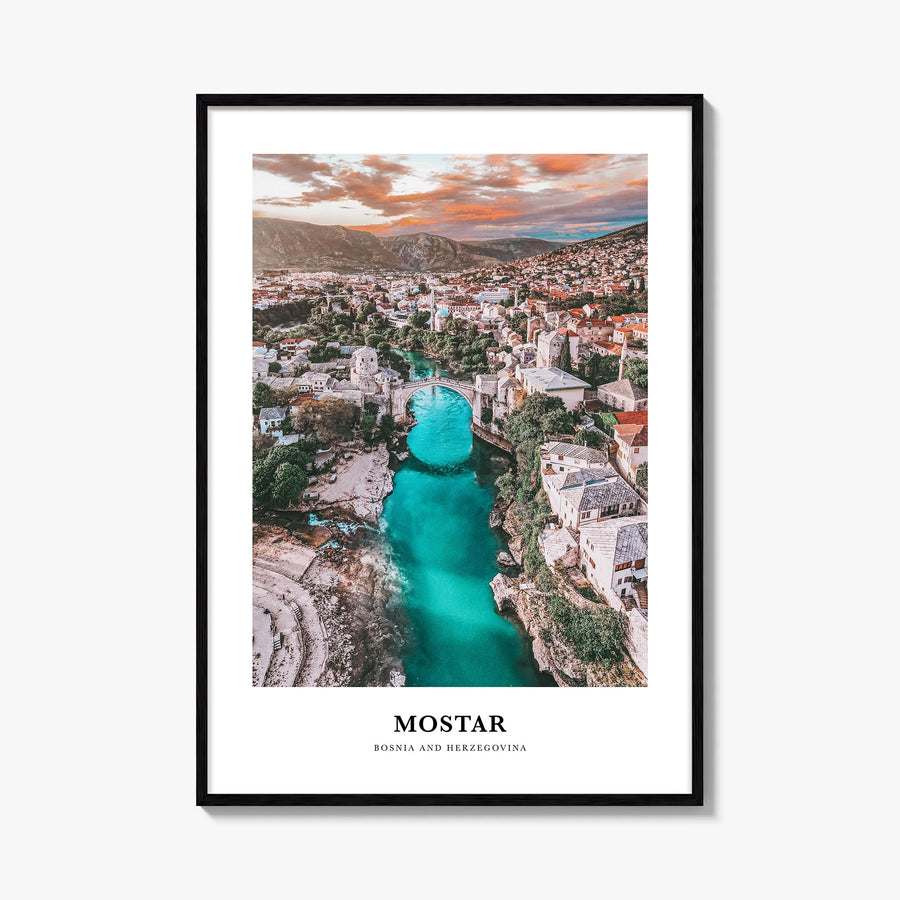 Mostar colorful classic poster of Bosnia and Herzegovina – vertical wall art, unframed print shown in interior mockup
