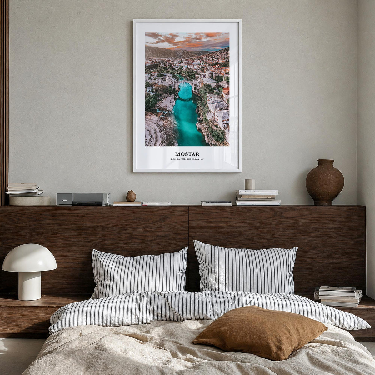Mostar colorful classic poster of Bosnia and Herzegovina – vertical wall art in white wood frame, hanging on wall