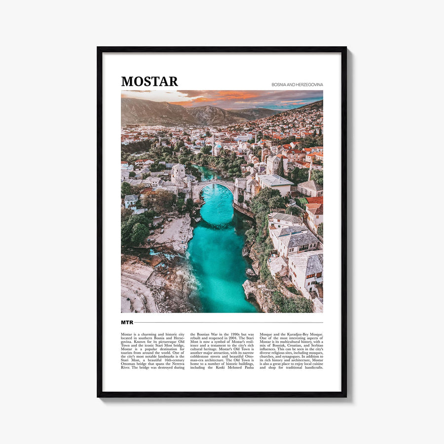 Mostar colorful travel poster of Bosnia and Herzegovina – vertical wall art, unframed print shown in interior mockup