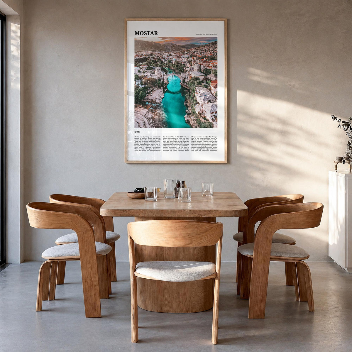 Mostar colorful travel poster of Bosnia and Herzegovina – vertical wall art in natural wood frame, hanging on wall
