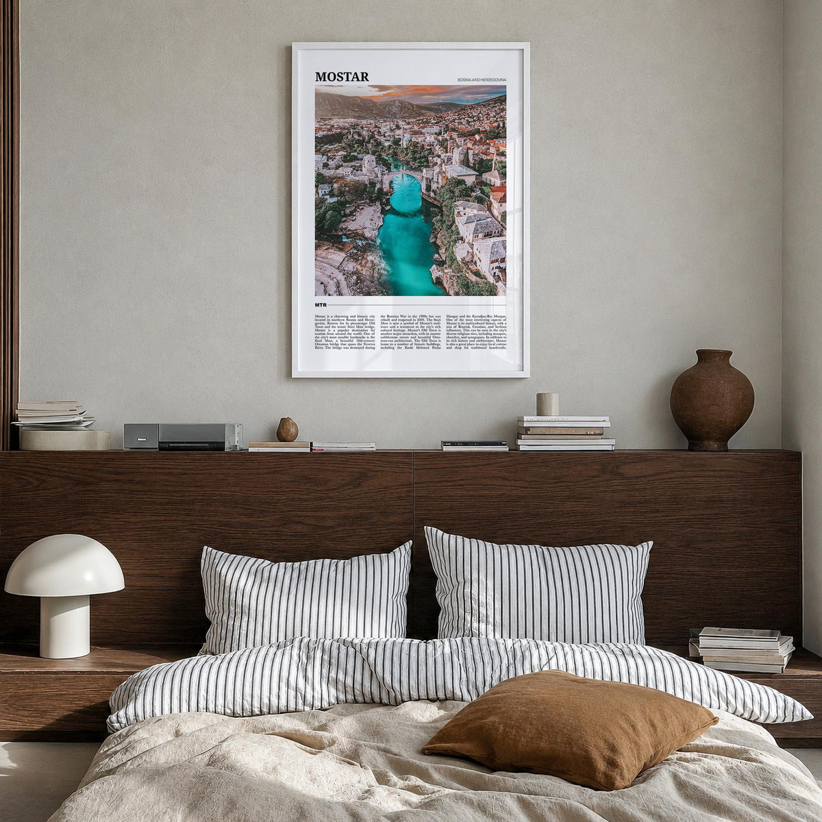Mostar colorful travel poster of Bosnia and Herzegovina – vertical wall art in white wood frame, hanging on wall