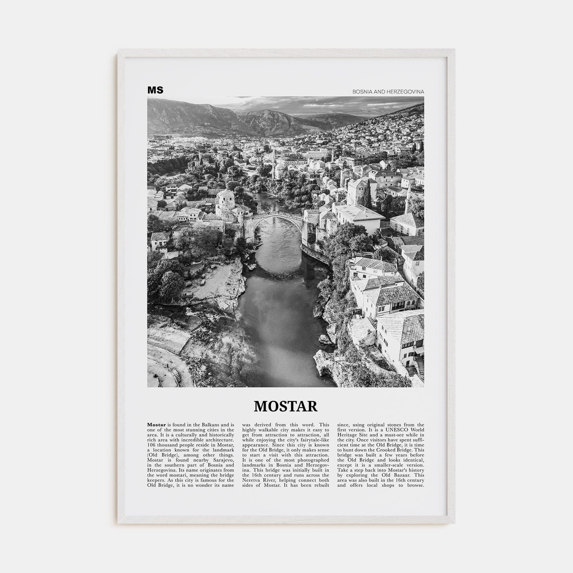 Mostar Poster White Wood / 8x12 in Nbourhood Travel B&W Poster