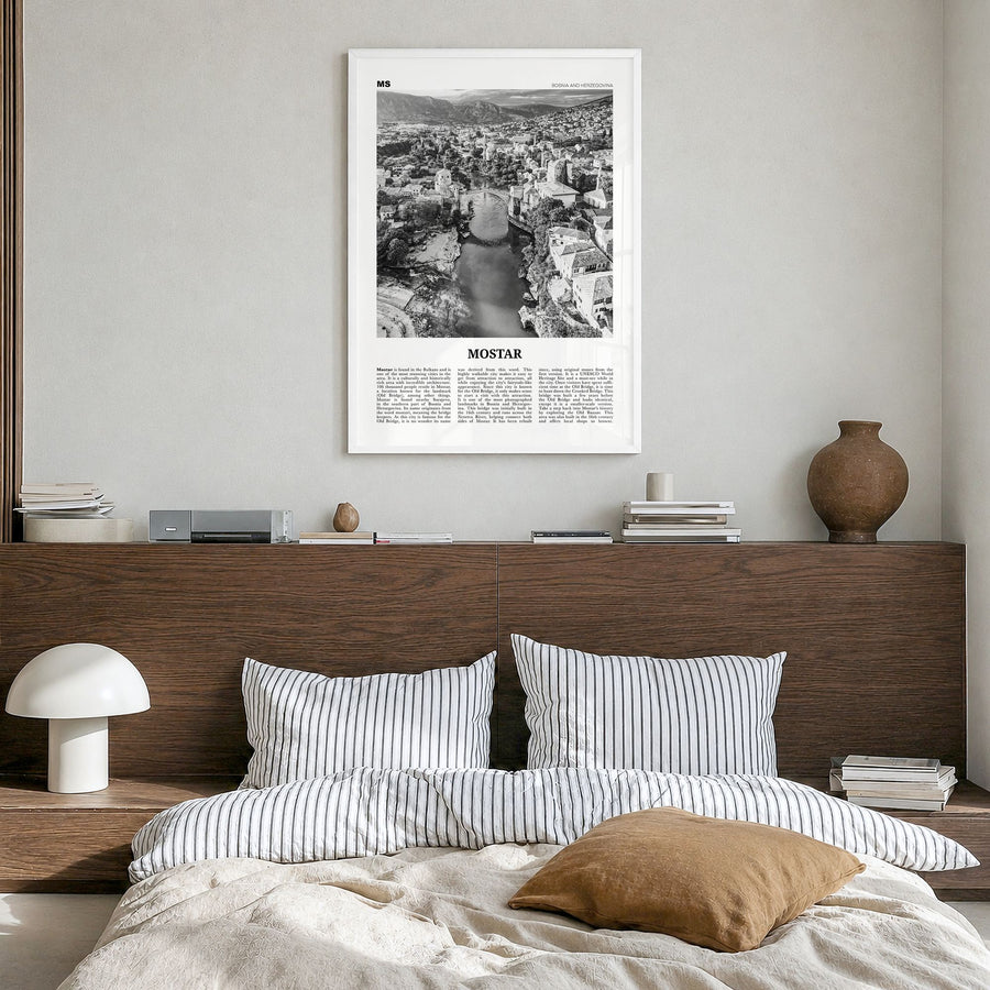 Mostar Newspaper Poster in a white wood frame, hanging in a bedroom