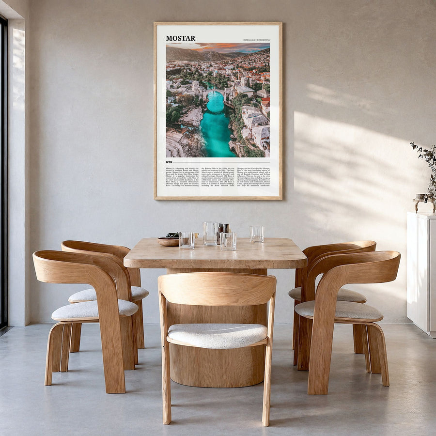 Mostar Travel Poster in a natural wood frame, hanging in a dining room