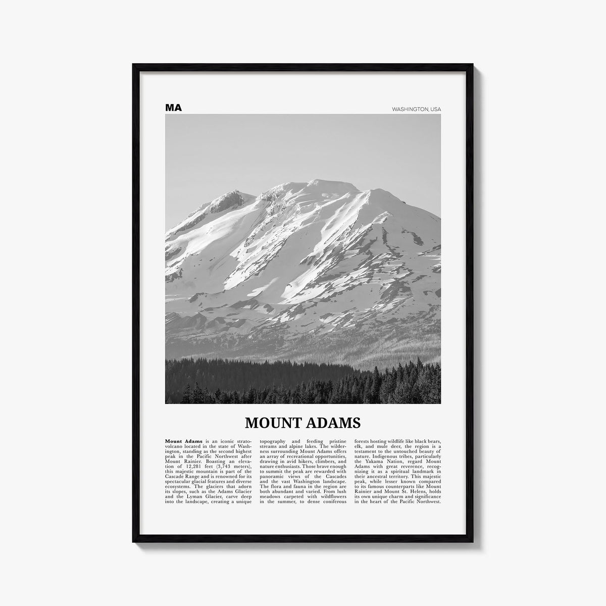 Mount Adams black & white newspaper poster of Washington, USA – vertical wall art, unframed print shown in interior mockup