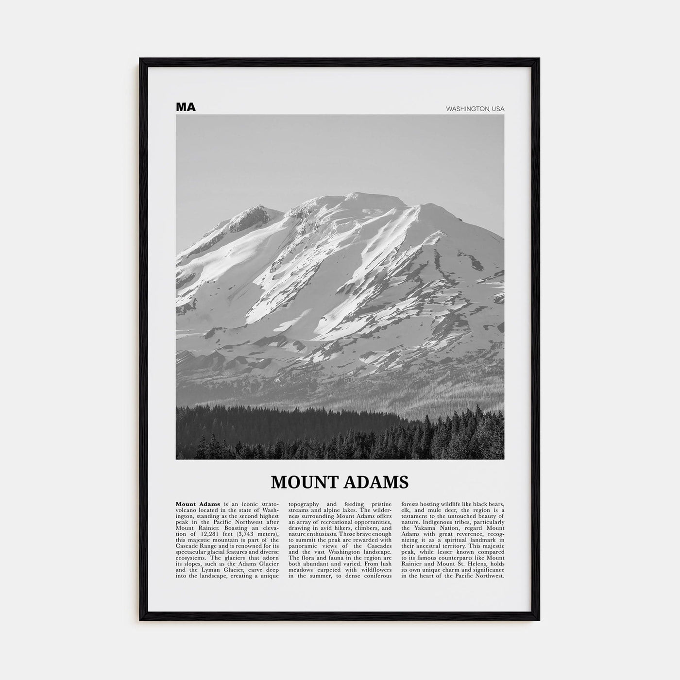 Mount Adams Poster Black Wood / 8x12 in Nbourhood Travel B&W Poster