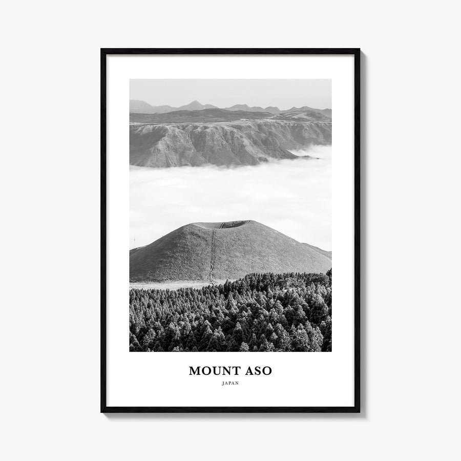 Mount Aso black & white classic poster of Japan – vertical wall art, unframed print shown in interior mockup