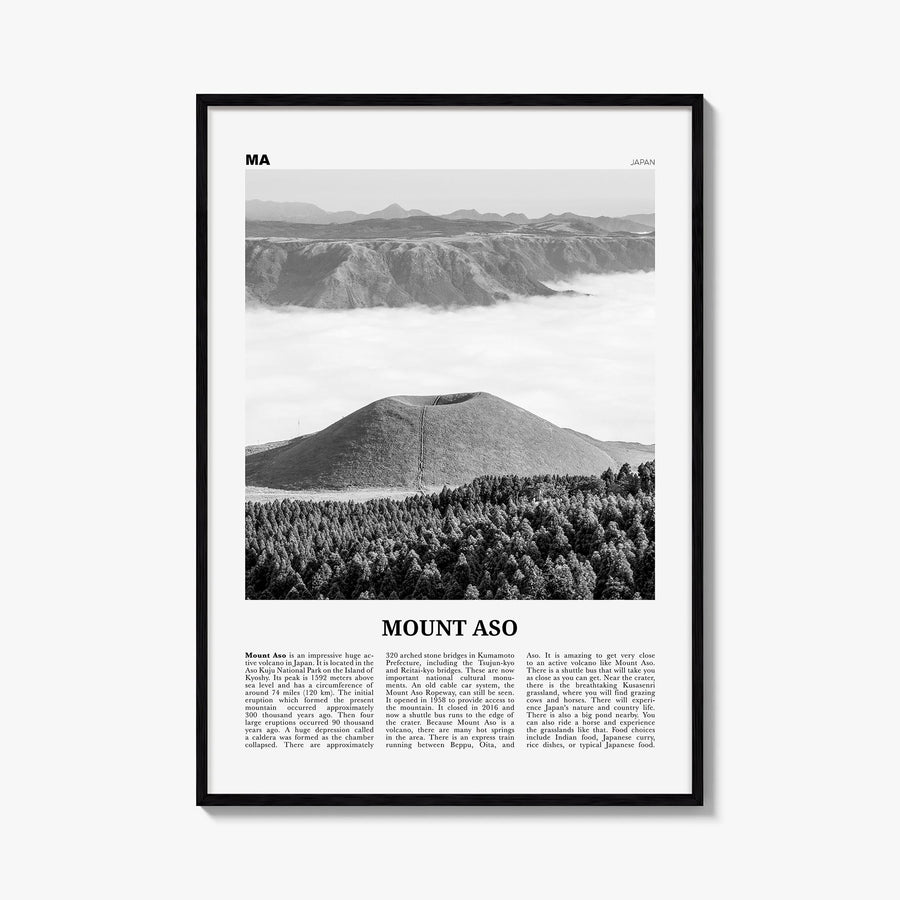 Mount Aso black & white newspaper poster of Japan – vertical wall art, unframed print shown in interior mockup