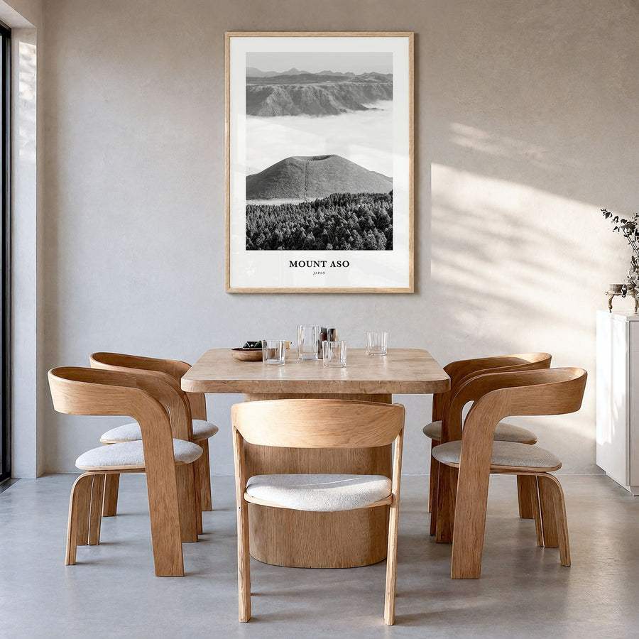 Mount Aso Classic Poster in a natural wood frame, hanging in a dining room