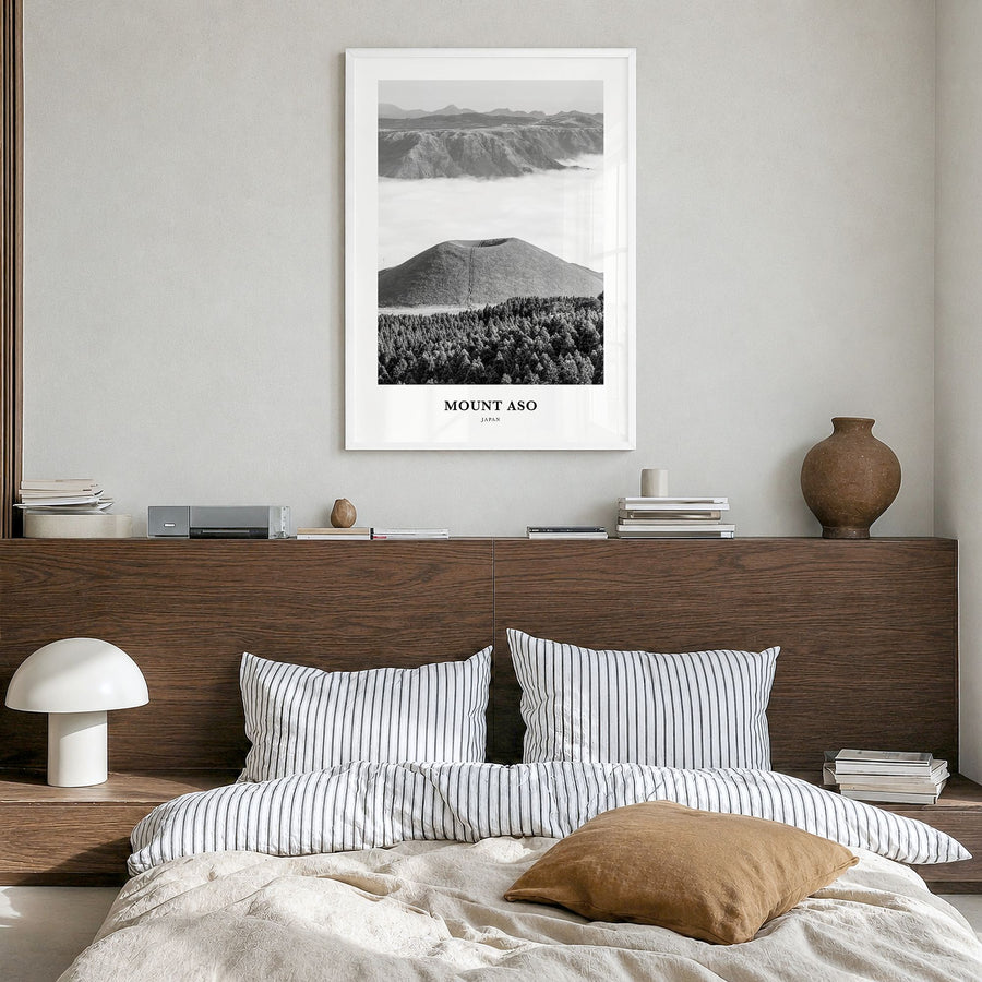 Mount Aso Classic Poster in a white wood frame, hanging in a bedroom