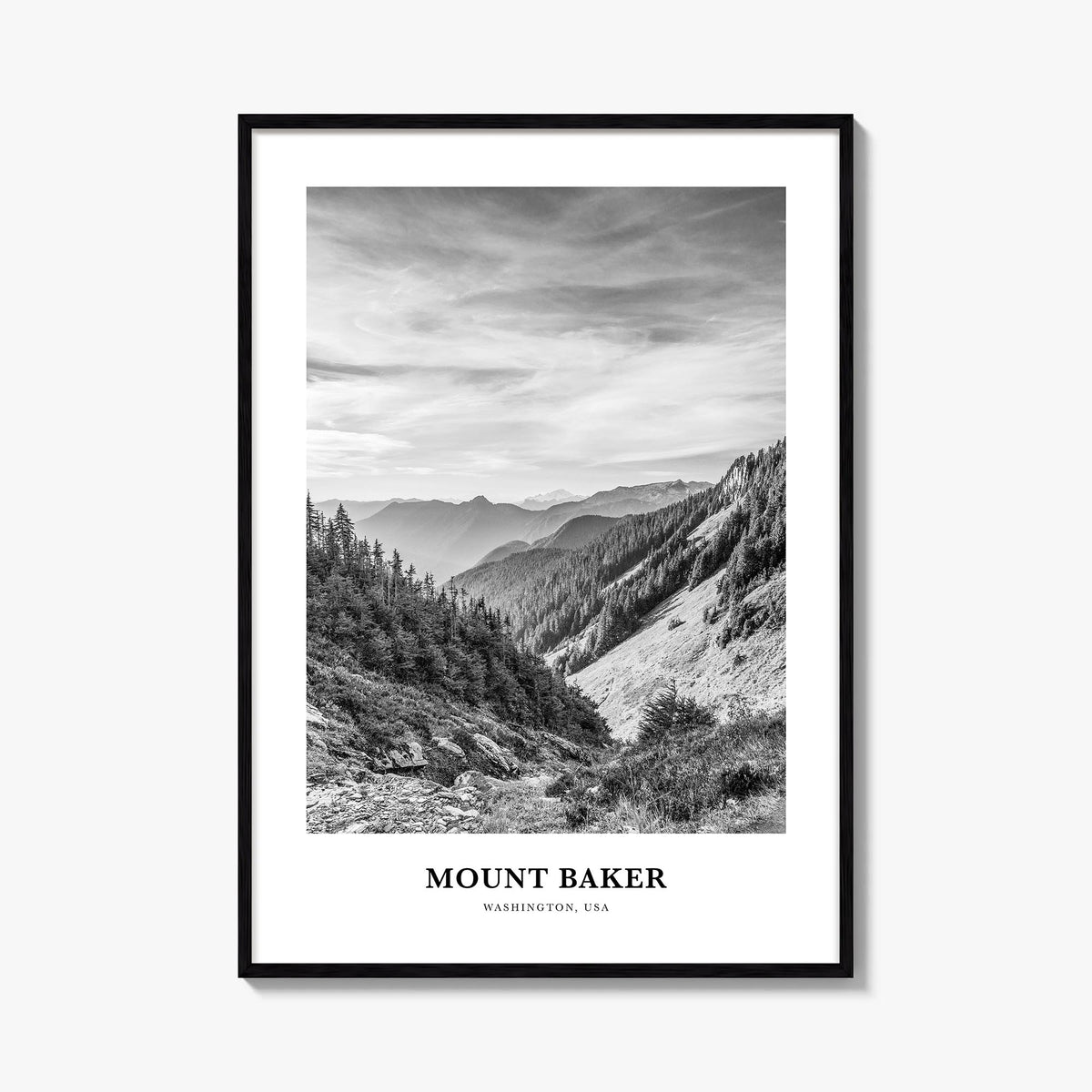 Mount Baker black & white classic poster of Washington, USA – vertical wall art, unframed print shown in interior mockup