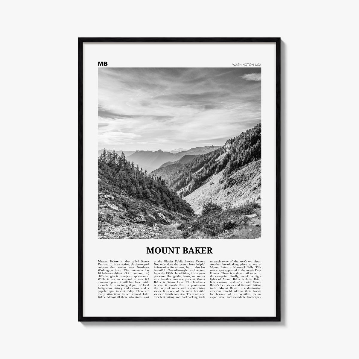 Mount Baker black & white newspaper poster of Washington, USA – vertical wall art, unframed print shown in interior mockup