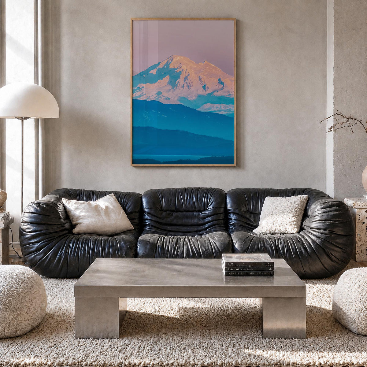 Mount Baker colorful photo poster of Washington, USA – vertical wall art in natural wood frame, hanging on wall