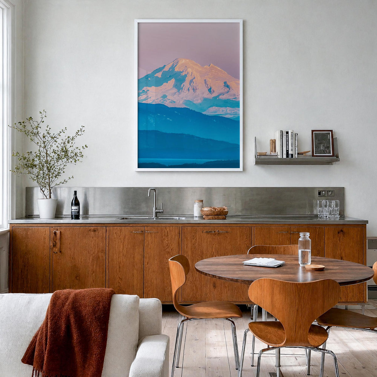 Mount Baker colorful photo poster of Washington, USA – vertical wall art in white wood frame, hanging on wall