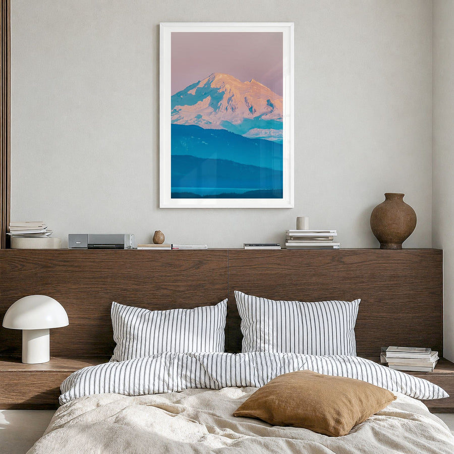Mount Baker Photo Poster in a white wood frame, hanging in a bedroom, white border