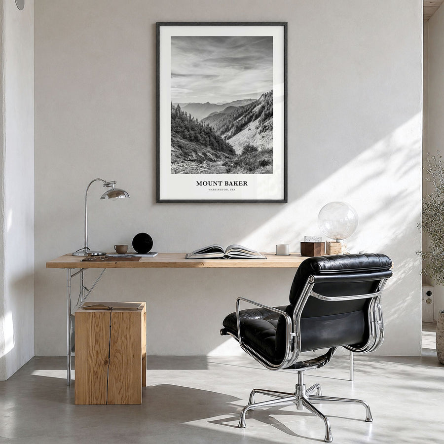 Mount Baker Classic Poster in a black wood frame, hanging in a bright home office