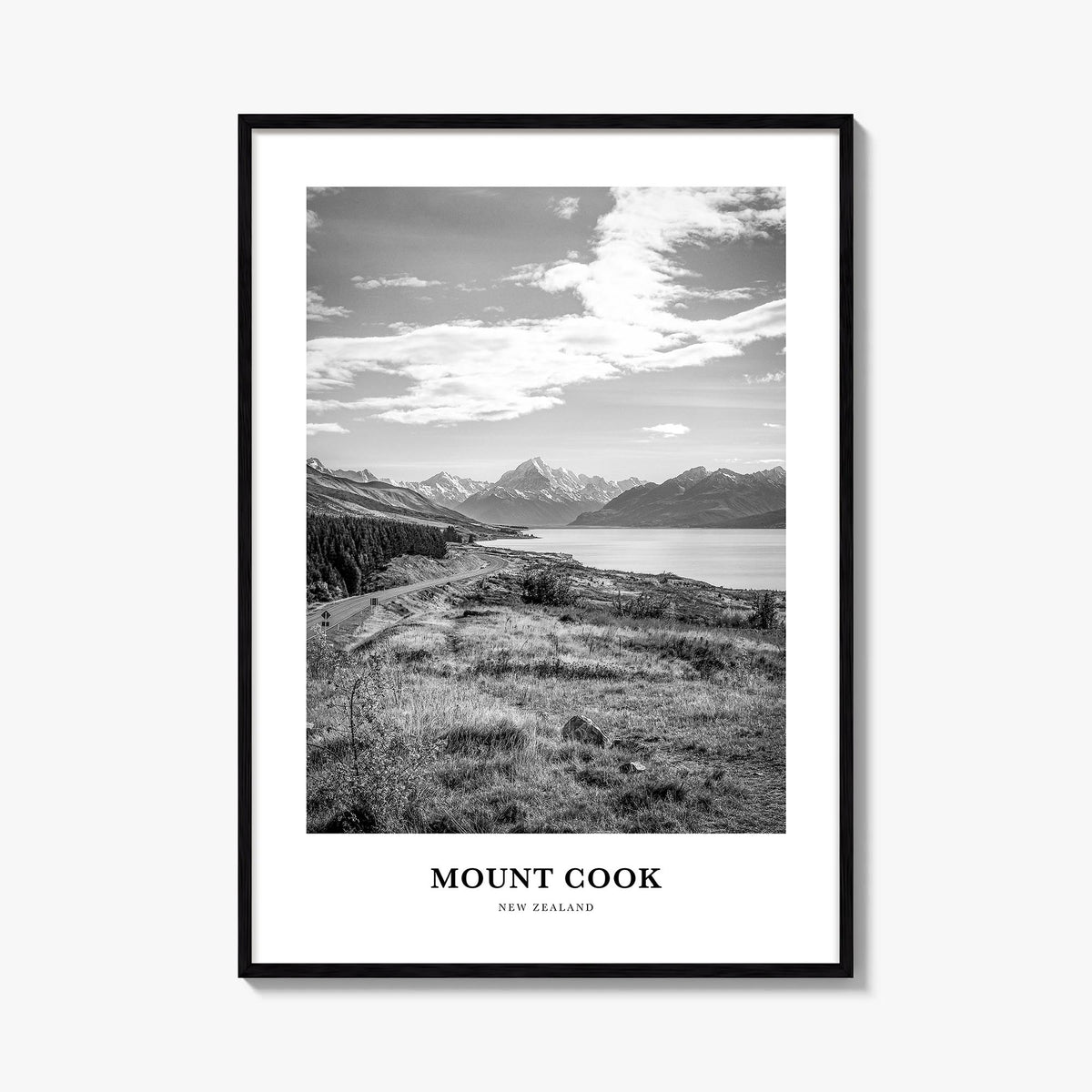 Mount Cook black & white classic poster of New Zealand – vertical wall art, unframed print shown in interior mockup