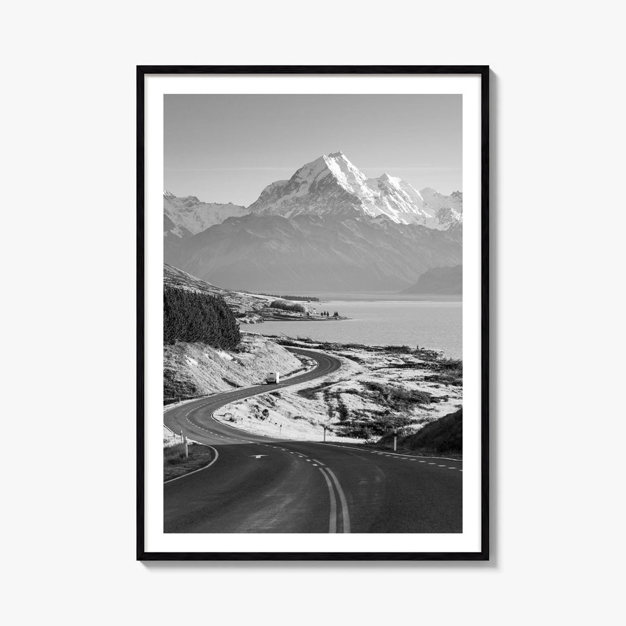 Mount Cook black & white photo poster of New Zealand – vertical wall art, unframed print shown in interior mockup