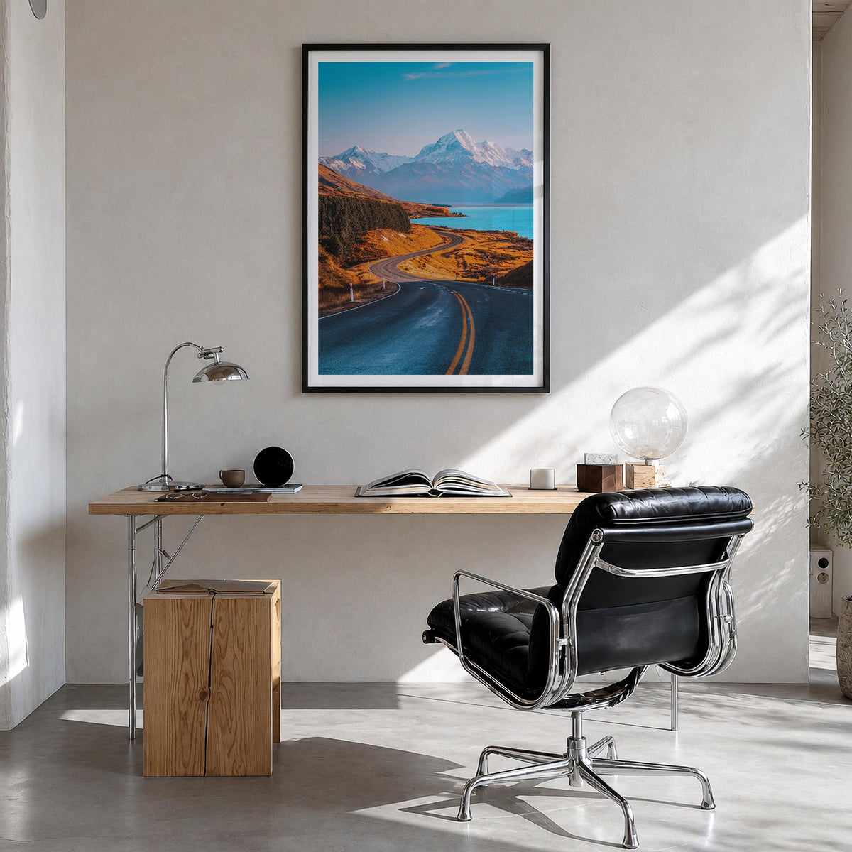 Mount Cook colorful photo poster of New Zealand – vertical wall art in black wood frame with white border, hanging on wall