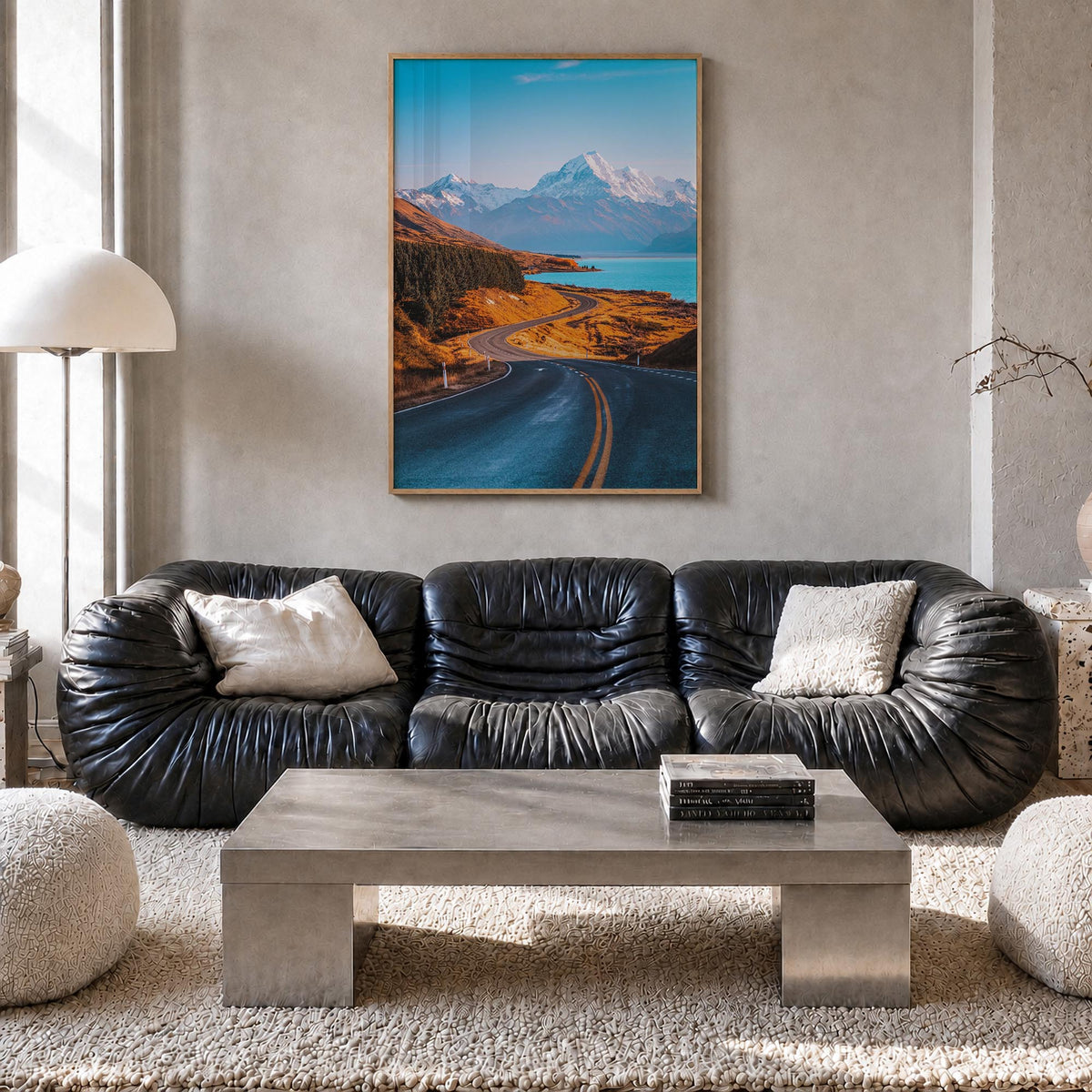 Mount Cook colorful photo poster of New Zealand – vertical wall art in natural wood frame, hanging on wall
