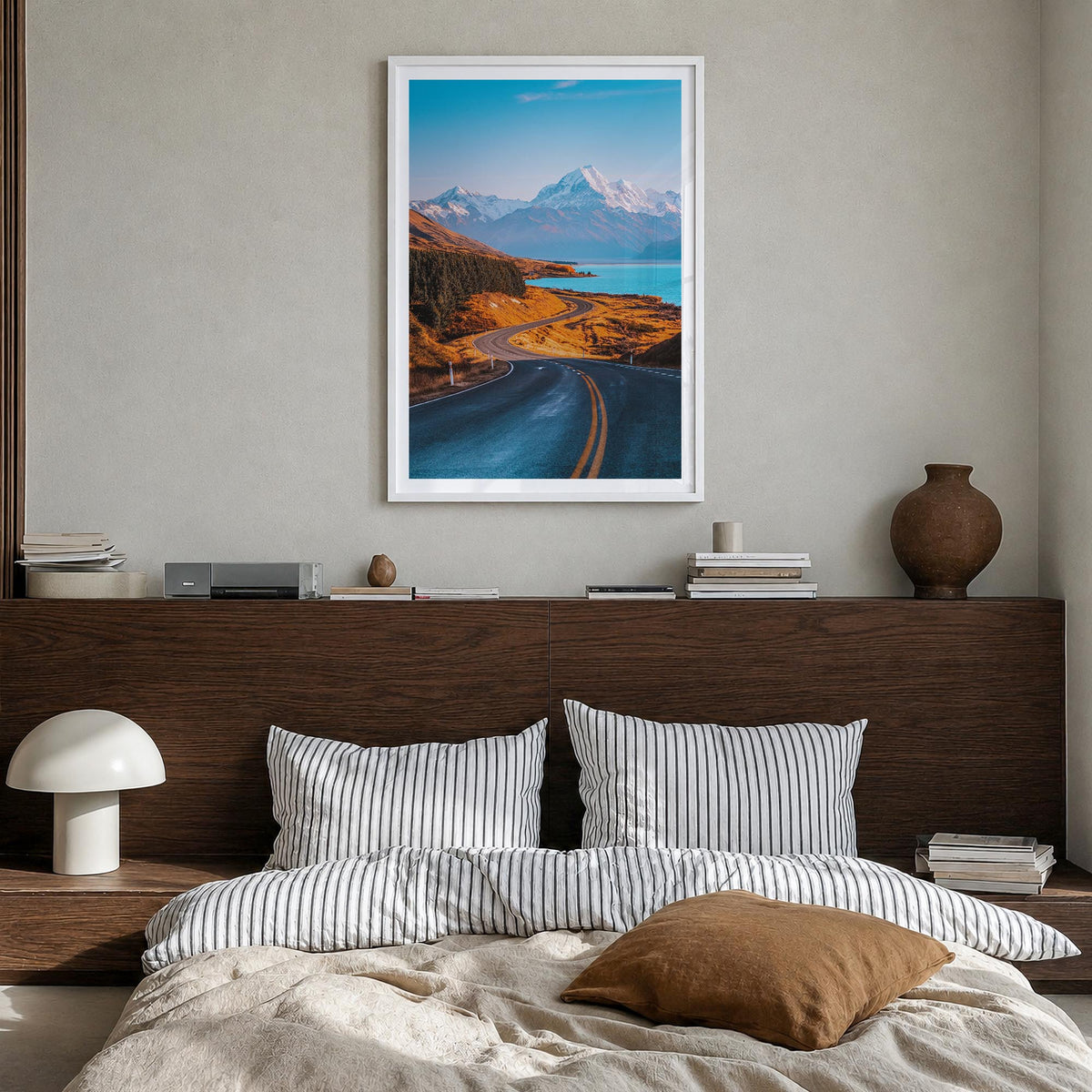 Mount Cook colorful photo poster of New Zealand – vertical wall art in white wood frame with white border, hanging on wall