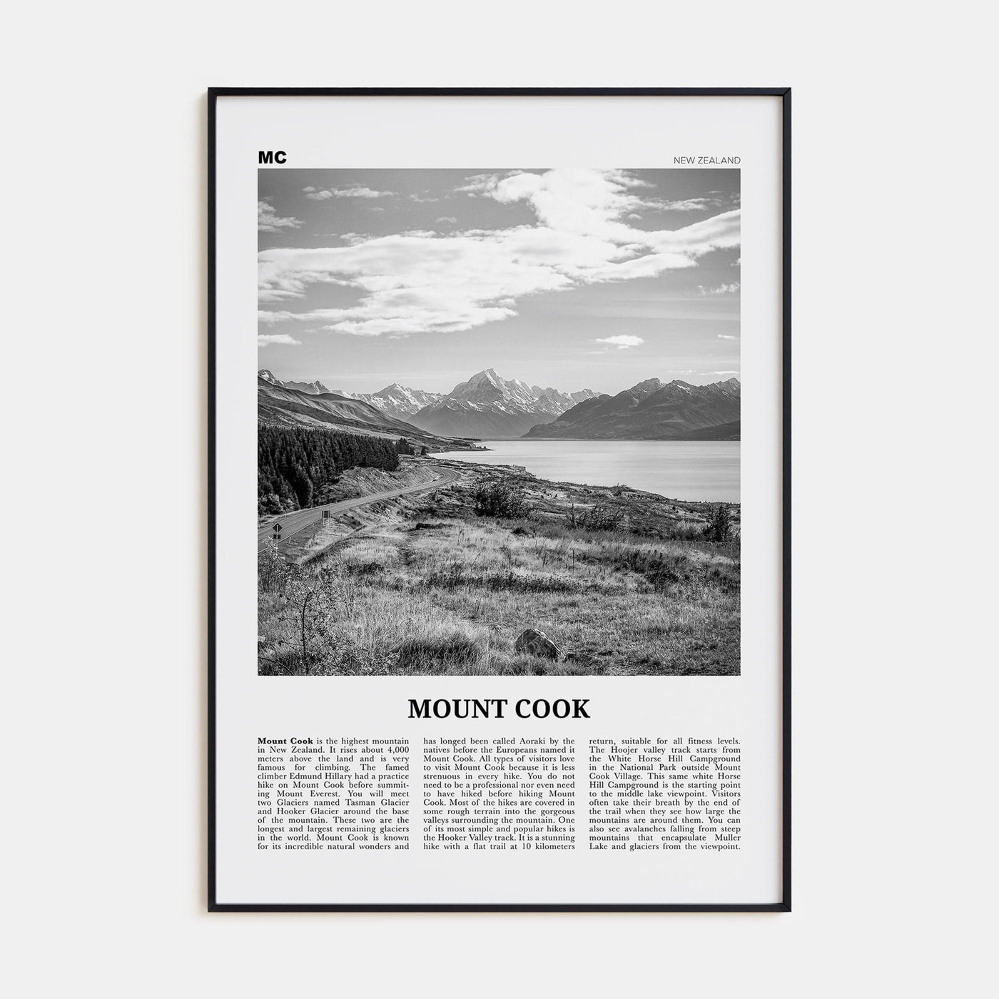 Mount Cook Poster None / 8x12 in Nbourhood Travel B&W Poster