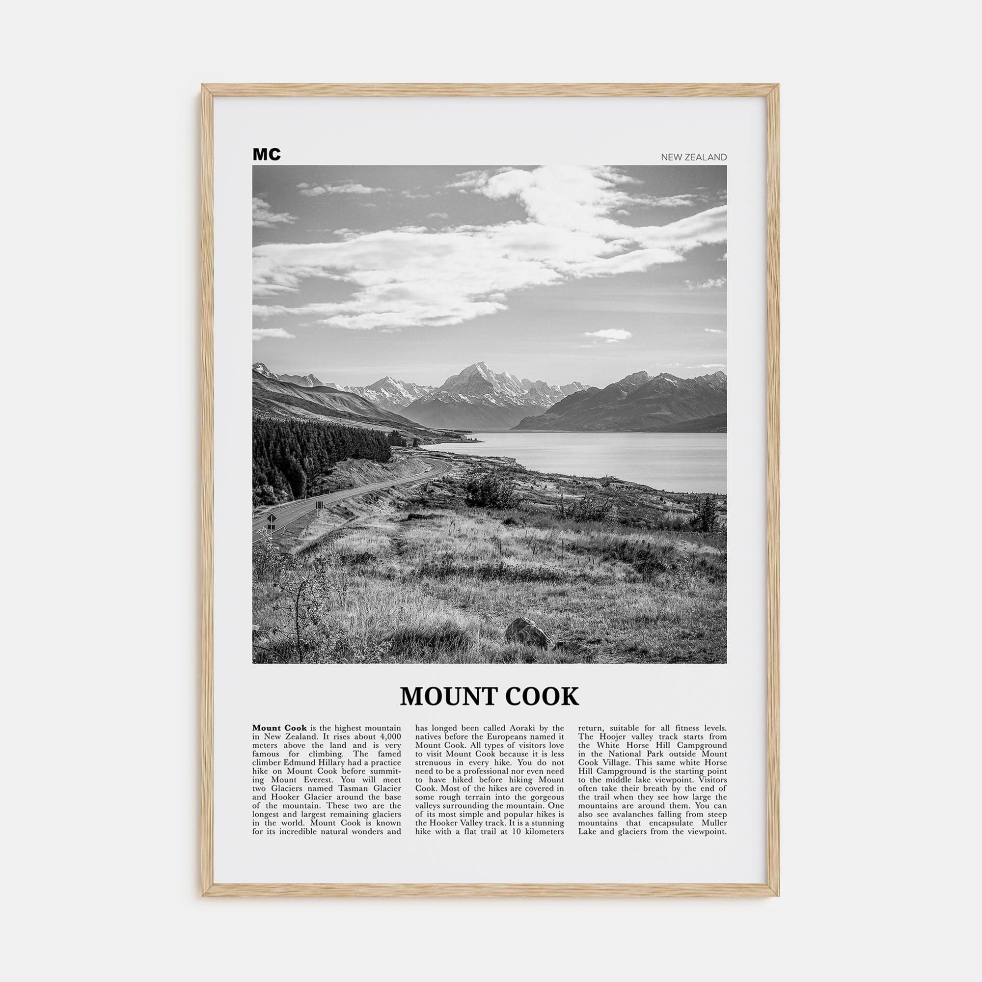 Mount Cook Poster Natural Wood / 8x12 in Nbourhood Travel B&W Poster