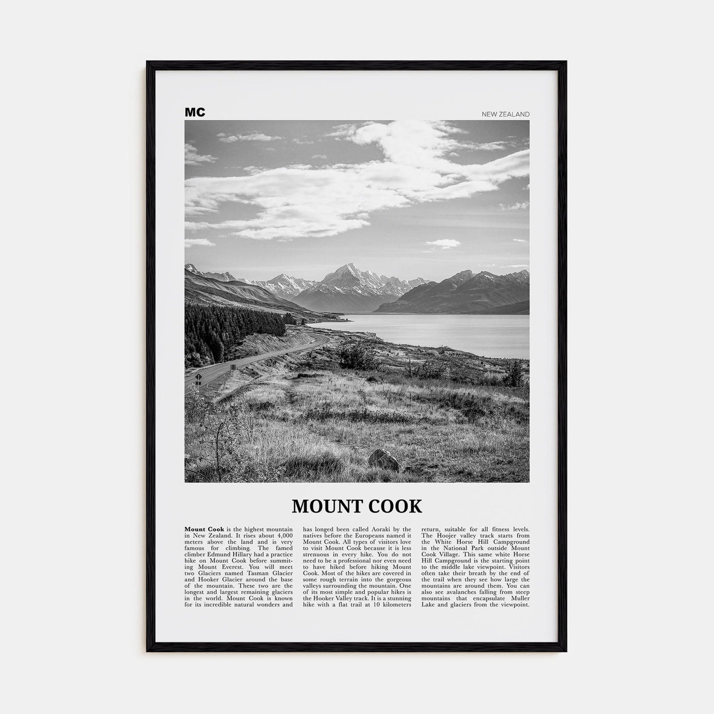 Mount Cook Poster Black Wood / 8x12 in Nbourhood Travel B&W Poster