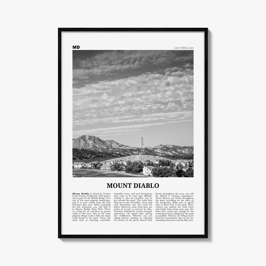 Mount Diablo black & white newspaper poster of California, USA – vertical wall art, unframed print shown in interior mockup