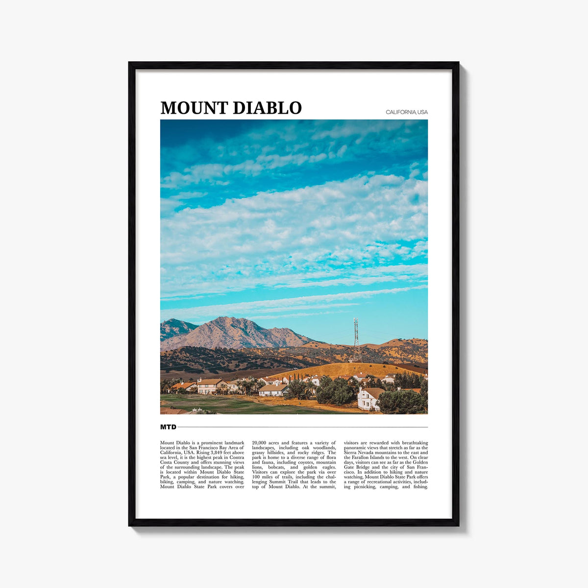 Mount Diablo colorful travel poster of California, USA – vertical wall art, unframed print shown in interior mockup