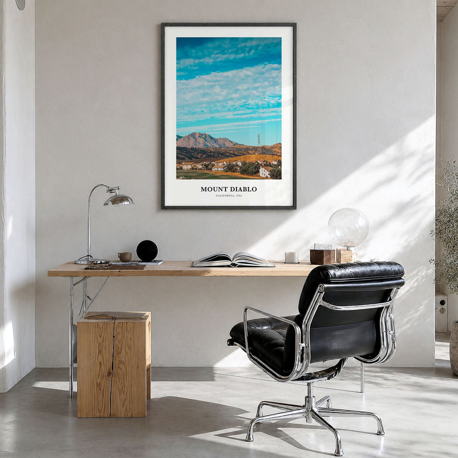 Mount Diablo Classic Poster in a black wood frame, hanging in a bright home office