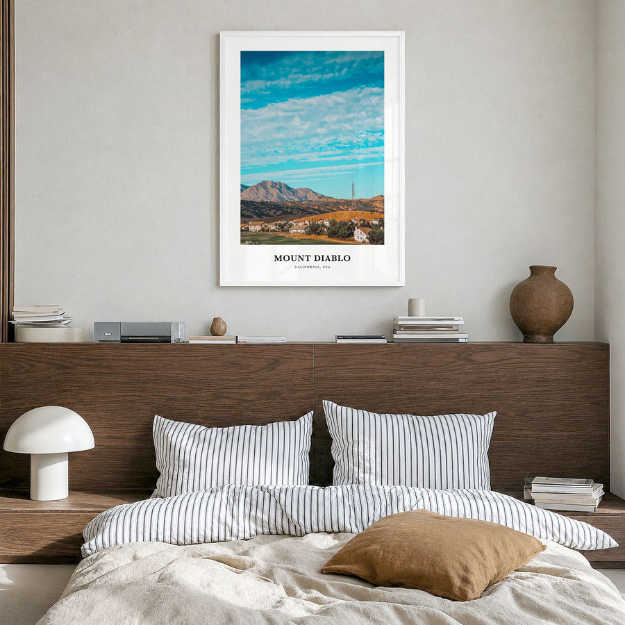 Mount Diablo Classic Poster in a white wood frame, hanging in a bedroom
