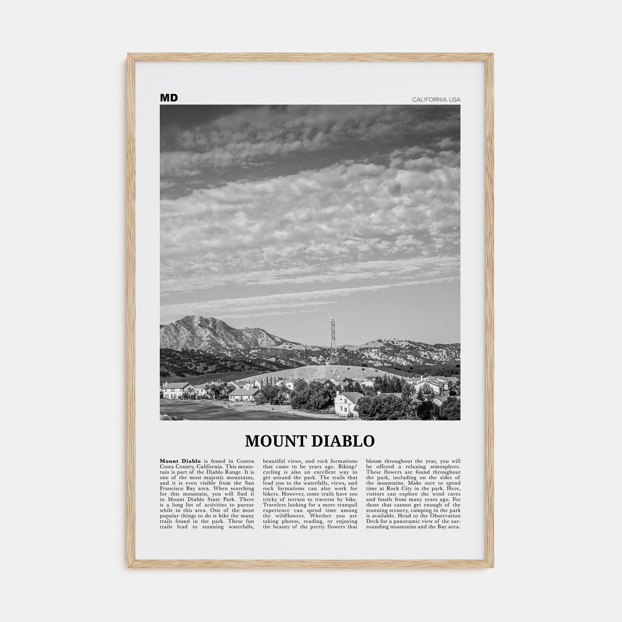 Mount Diablo Poster Natural Wood / 8x12 in Nbourhood Travel B&W Poster