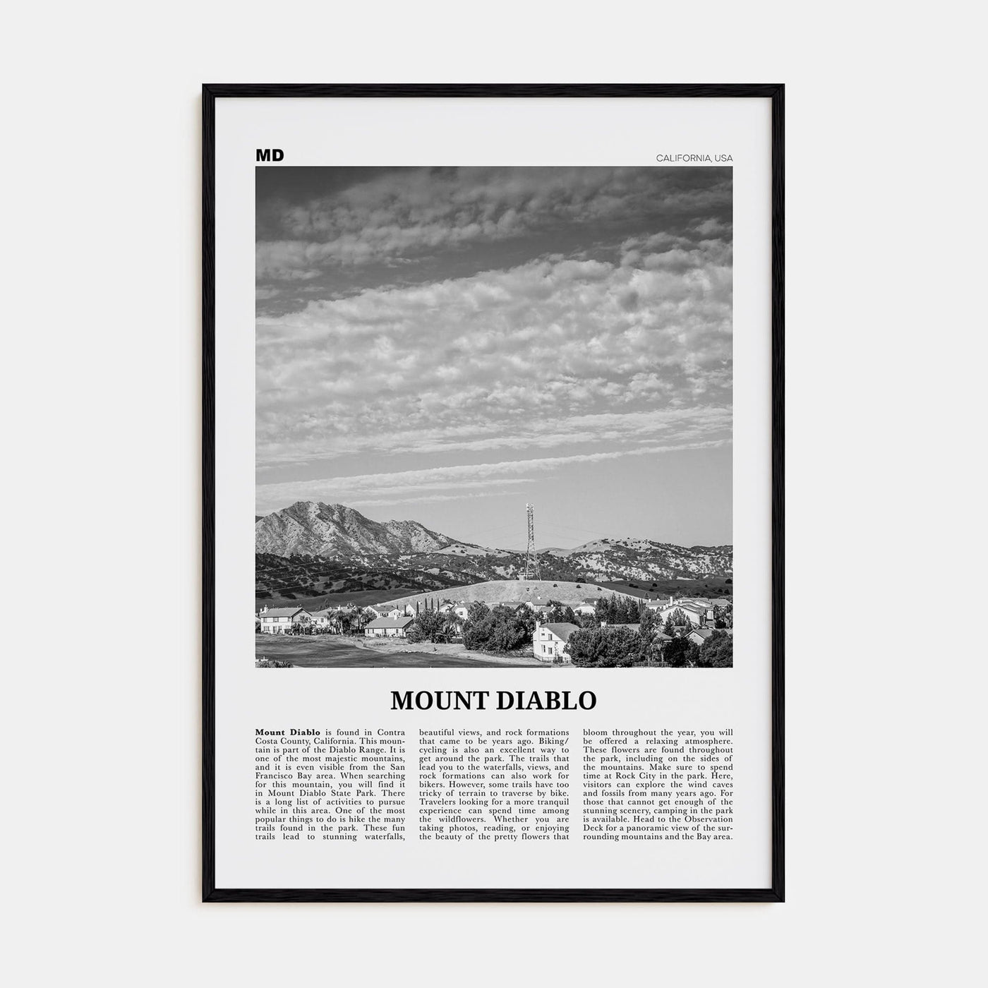 Mount Diablo Poster Black Wood / 8x12 in Nbourhood Travel B&W Poster