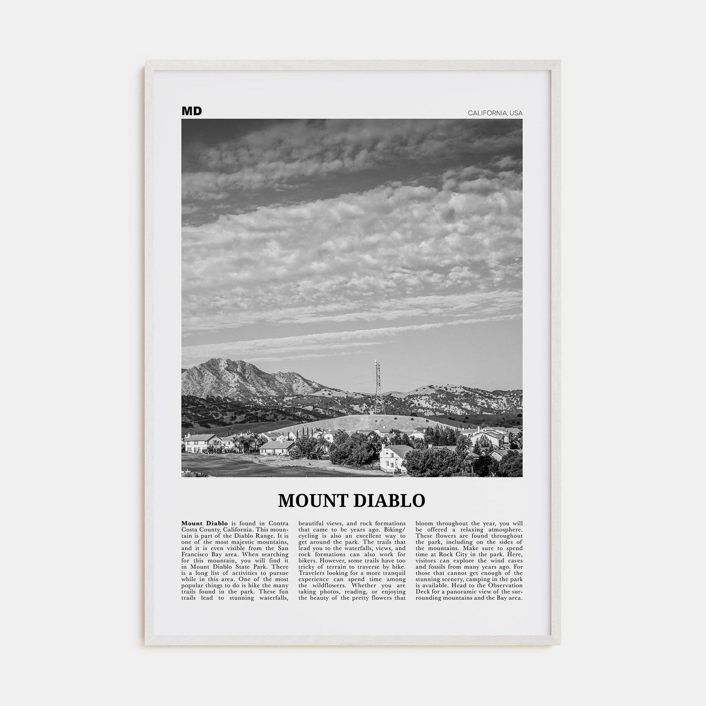 Mount Diablo Poster White Wood / 8x12 in Nbourhood Travel B&W Poster