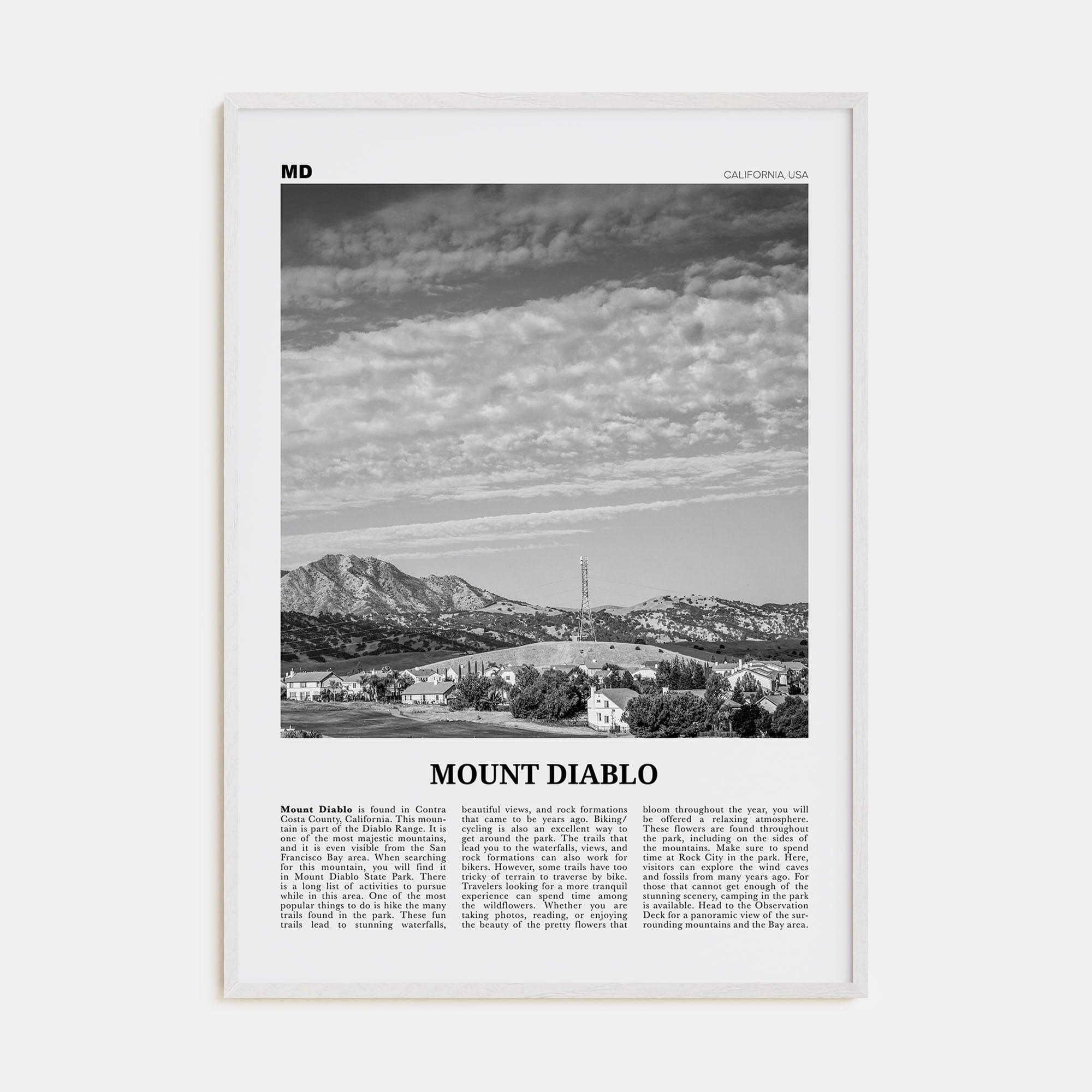 Mount Diablo Poster White Wood / 8x12 in Nbourhood Travel B&W Poster