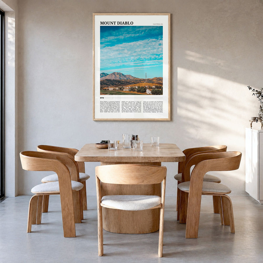 Mount Diablo Travel Poster in a natural wood frame, hanging in a dining room