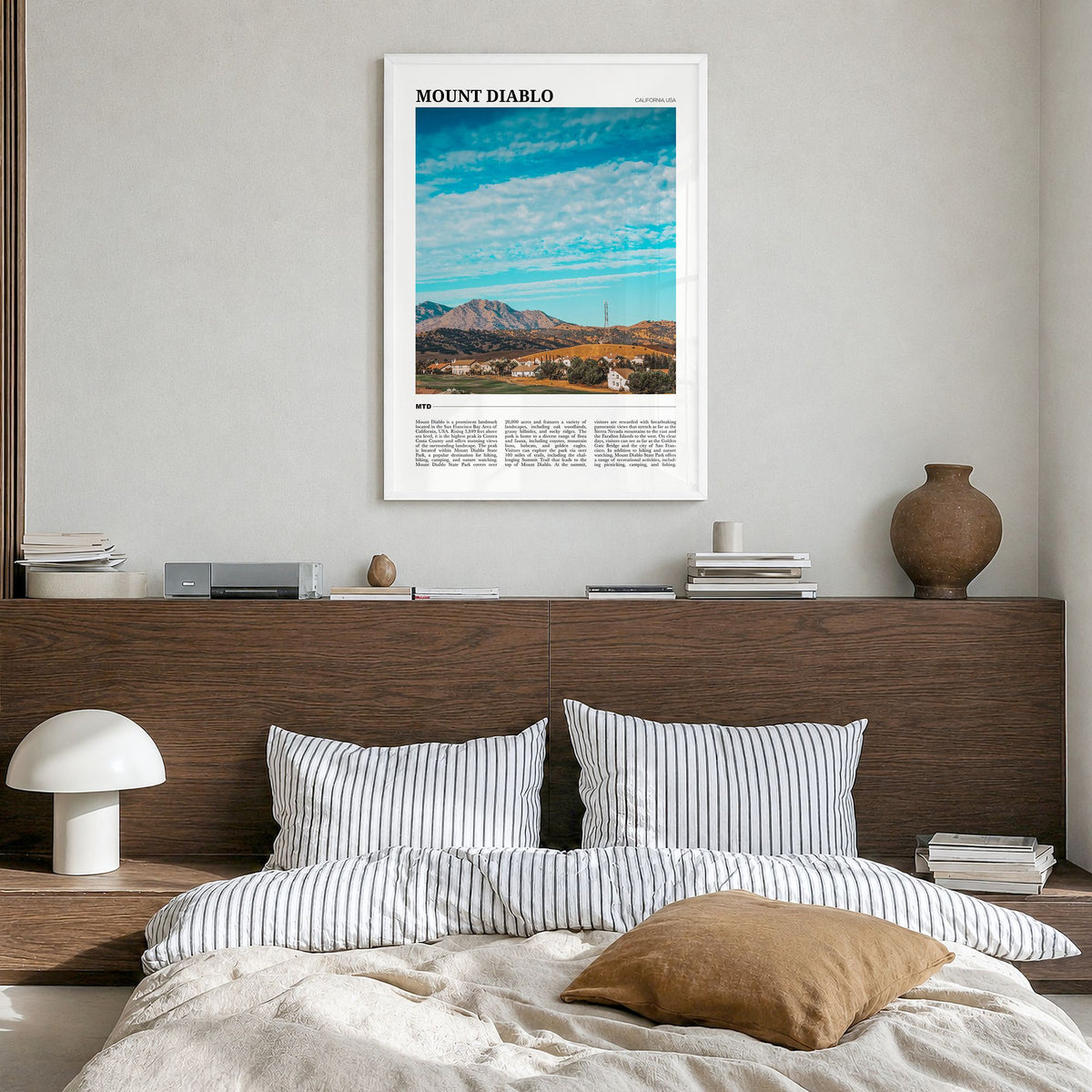 Mount Diablo Travel Poster in a white wood frame, hanging in a bedroom