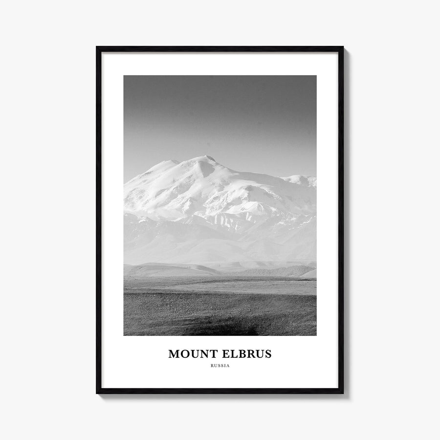 Mount Elbrus black & white classic poster of Russia – vertical wall art, unframed print shown in interior mockup