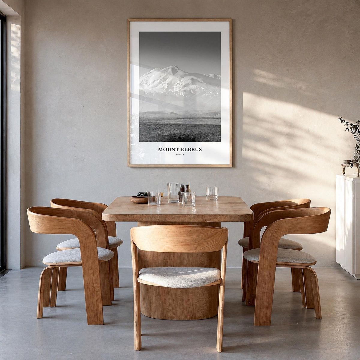 Mount Elbrus black & white classic poster of Russia – vertical wall art in natural wood frame, hanging on wall
