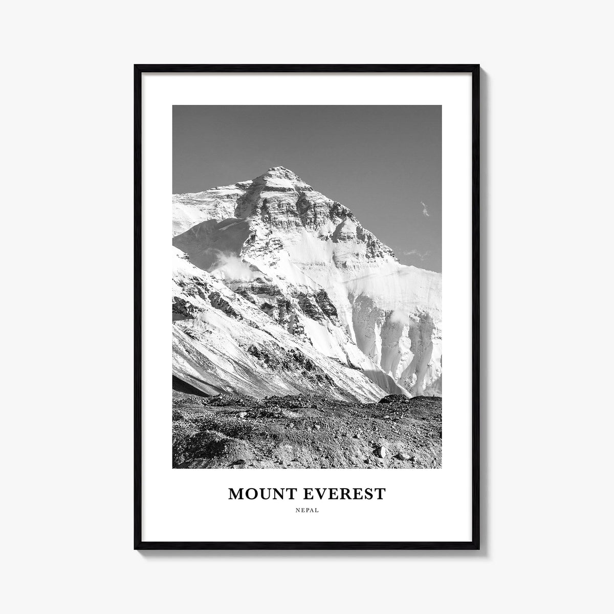 Mount Everest black & white classic poster of Nepal & China – vertical wall art, unframed print shown in interior mockup