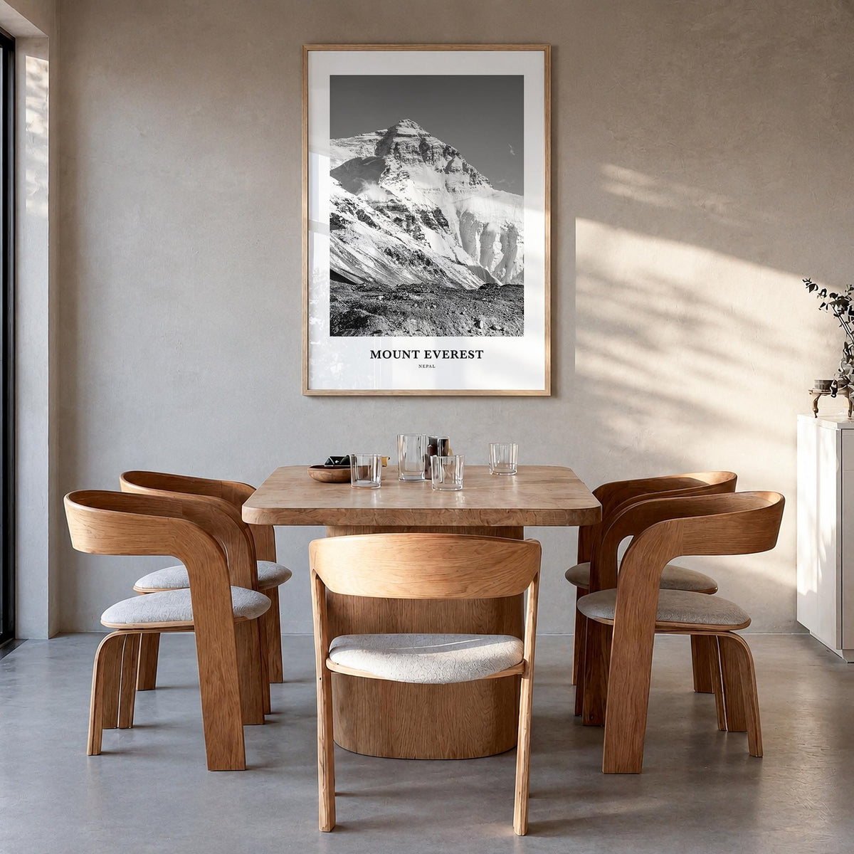 Mount Everest black & white classic poster of Nepal & China – vertical wall art in natural wood frame, hanging on wall