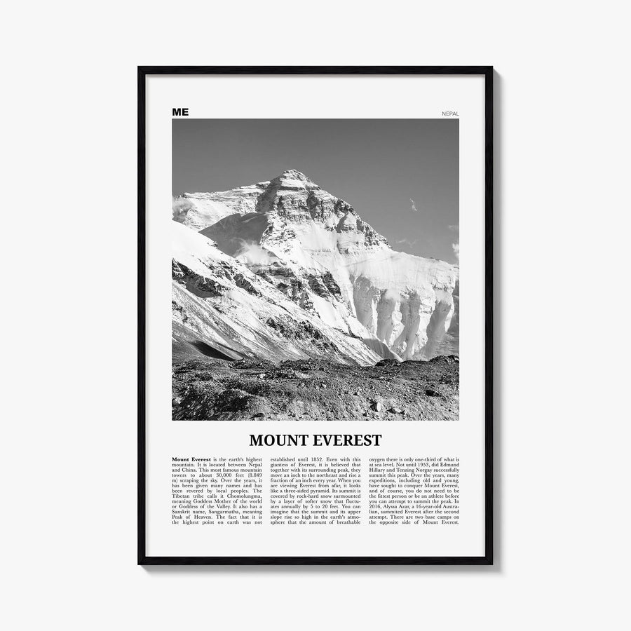 Mount Everest black & white newspaper poster of Nepal & China – vertical wall art, unframed print shown in interior mockup
