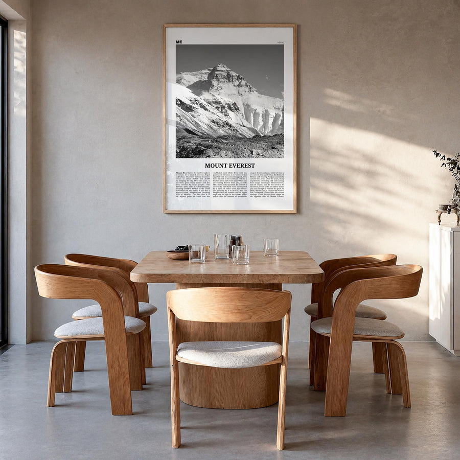 Mount Everest black & white newspaper poster of Nepal & China – vertical wall art in natural wood frame, hanging on wall