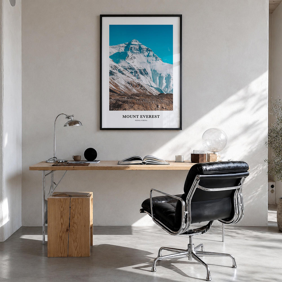 Mount Everest colorful classic poster of Nepal & China – vertical wall art in black wood frame, hanging on wall